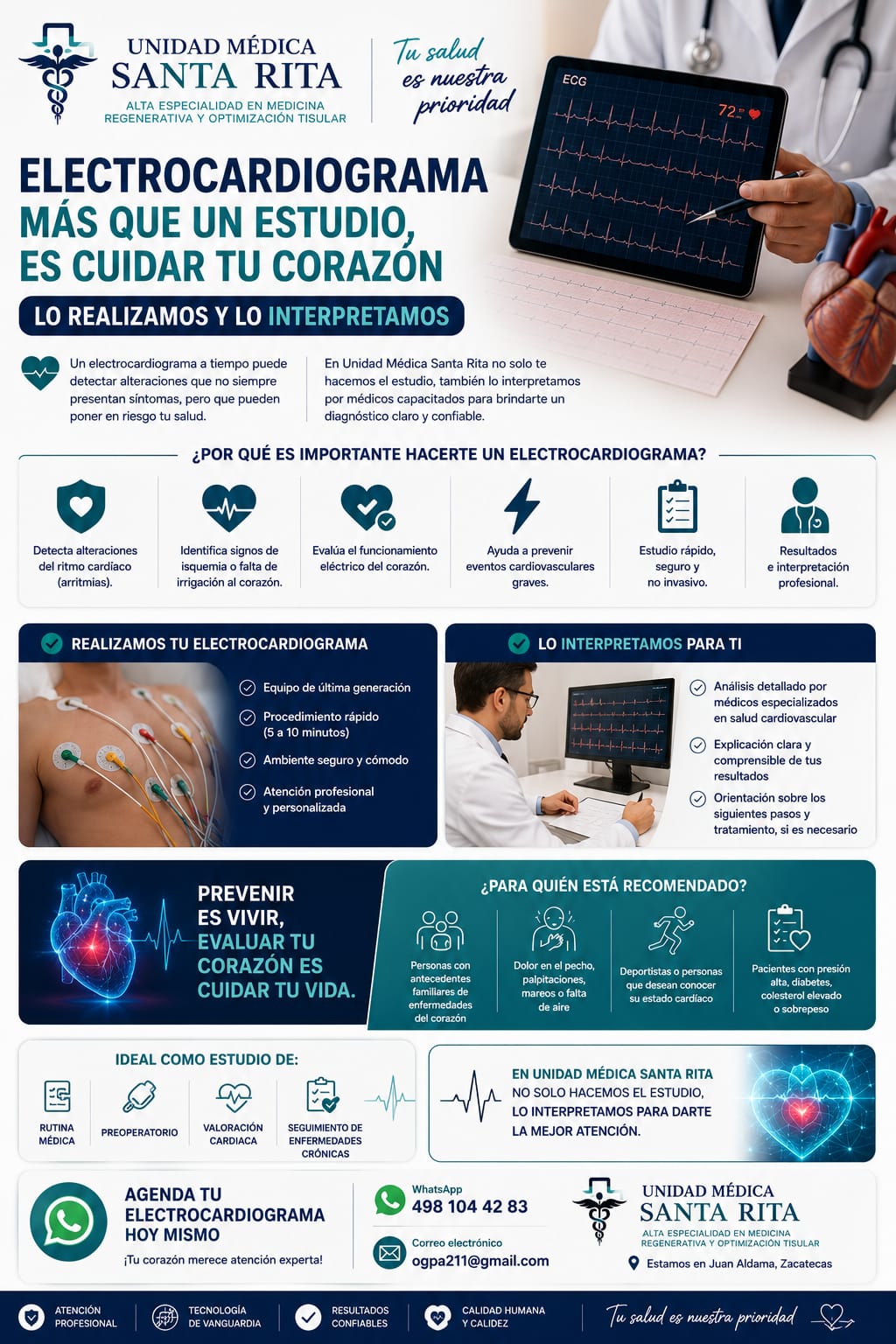 Médico de Unidad Médica Santa Rita interpretando un electrocardiograma en consulta